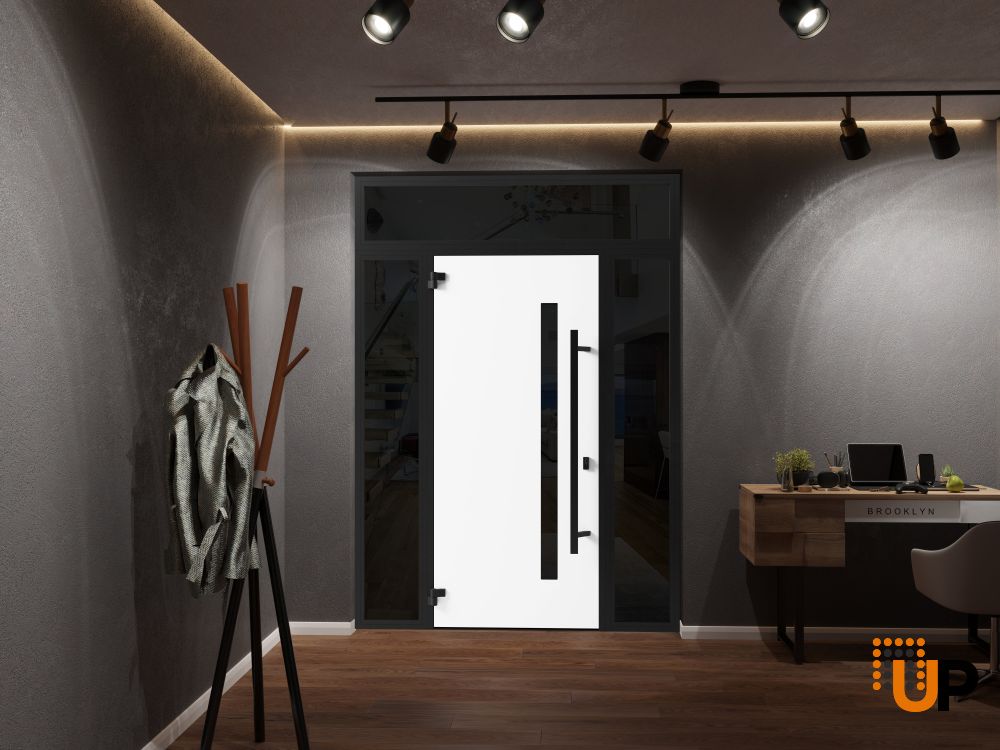 Front Exterior Prehung Steel Door / Ronex 0162 Red Oak / 2 Sidelight and Transom Window Sidelite / Entry Metal Modern Painted W16+36+16" x H80+16" Right hand Inswing photo#4