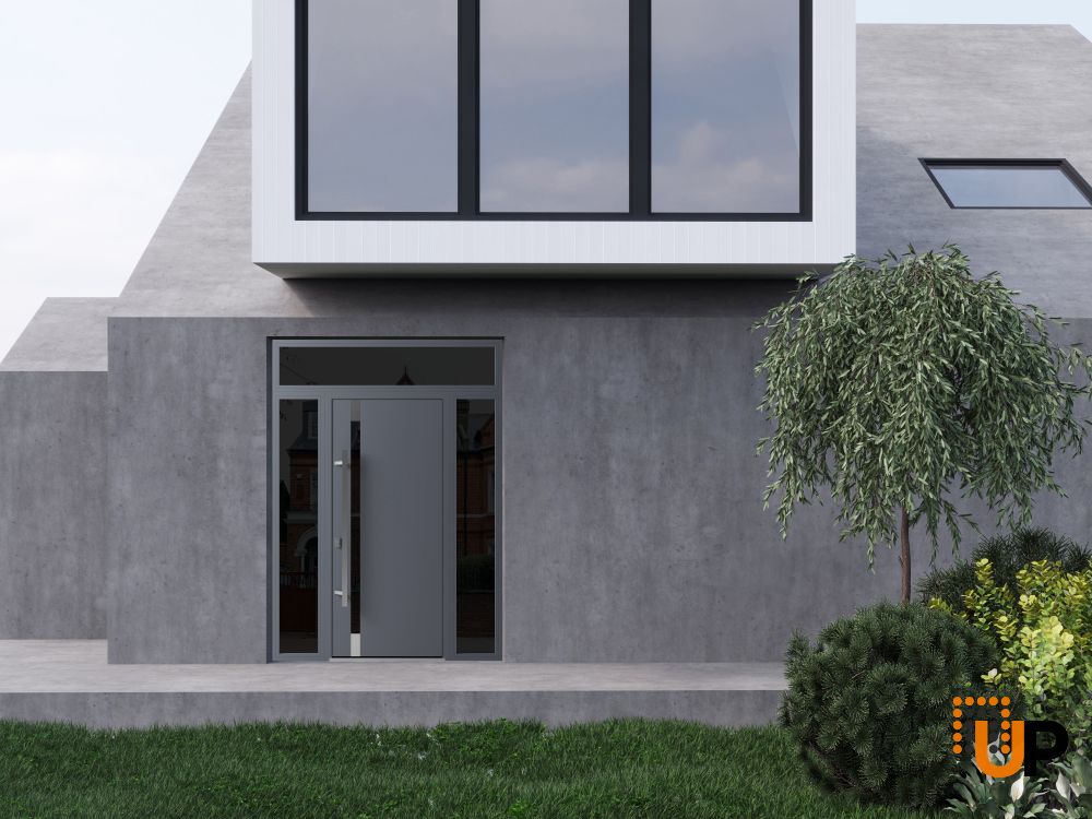 Front Exterior Prehung Steel Door / Ronex 1011 Grey / 2 Sidelight and Transom Window Sidelite / Stainless Inserts Entry Metal Modern Painted W16+36+16" x H80+16" Right hand Inswing photo#3