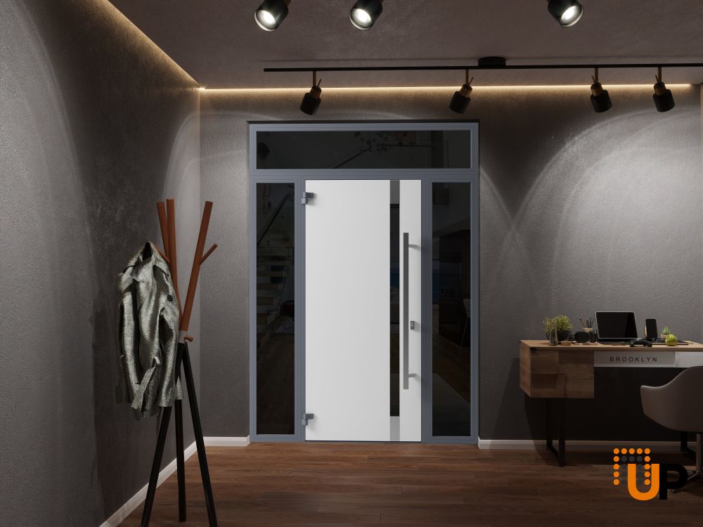 Front Exterior Prehung Steel Door / Ronex 1011 Grey / 2 Sidelight and Transom Window Sidelite / Stainless Inserts Entry Metal Modern Painted W16+36+16" x H80+16" Right hand Inswing photo#4