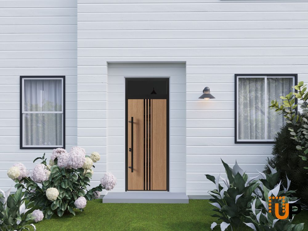 Front Exterior Prehung Steel Door / Ronex 1055 Teak / Transom Window Sidelite / Entry Metal Modern Painted W36" x H80+16" Right hand Inswing photo#3
