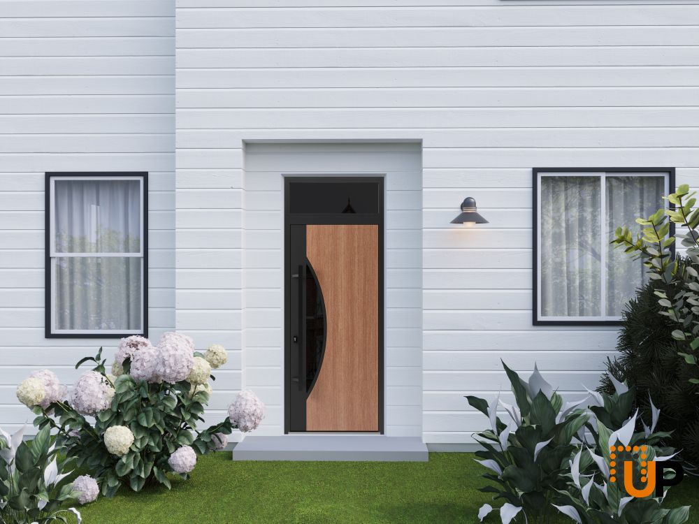 Front Exterior Prehung Steel Door / Ronex 1077 Teak / Transom Window Sidelite / Entry Metal Modern Painted W36" x H80+16" Right hand Inswing photo#3