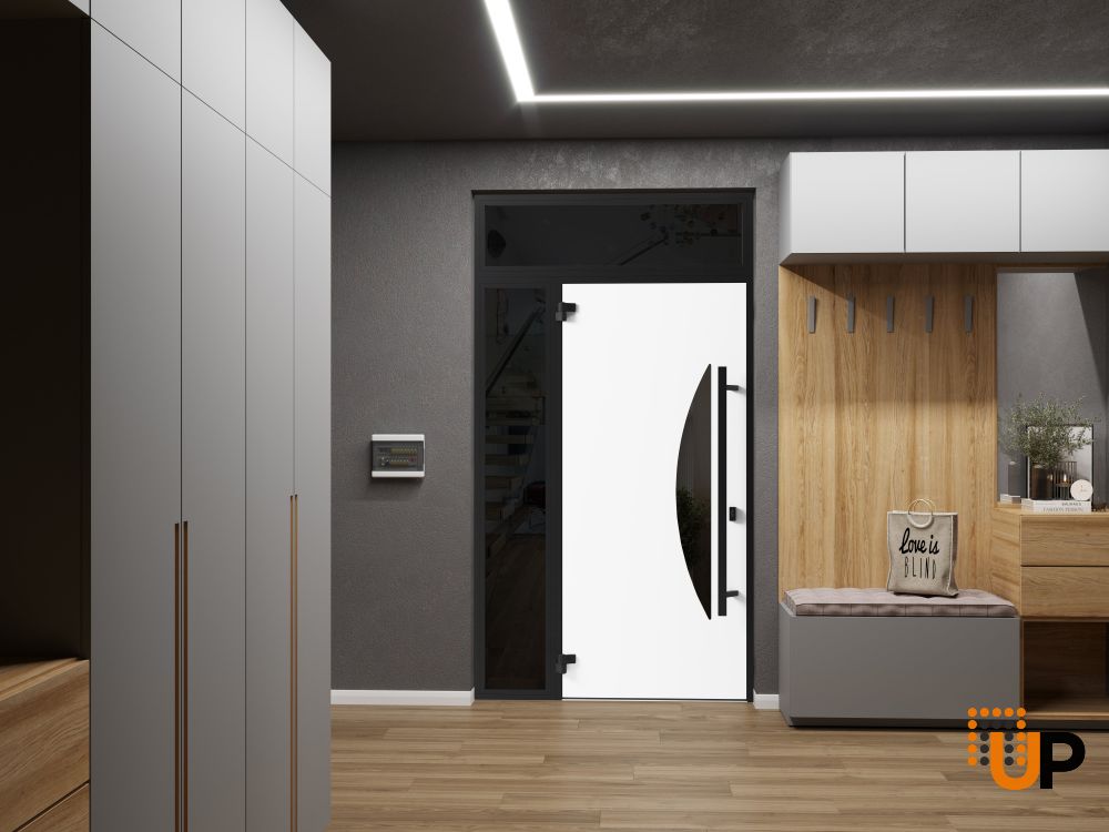 Front Exterior Prehung Steel Door / Ronex 1077 Teak / Sidelight and Transom Window Sidelite / Entry Metal Modern Painted W36+16" x H80+16" Right hand Inswing photo#4