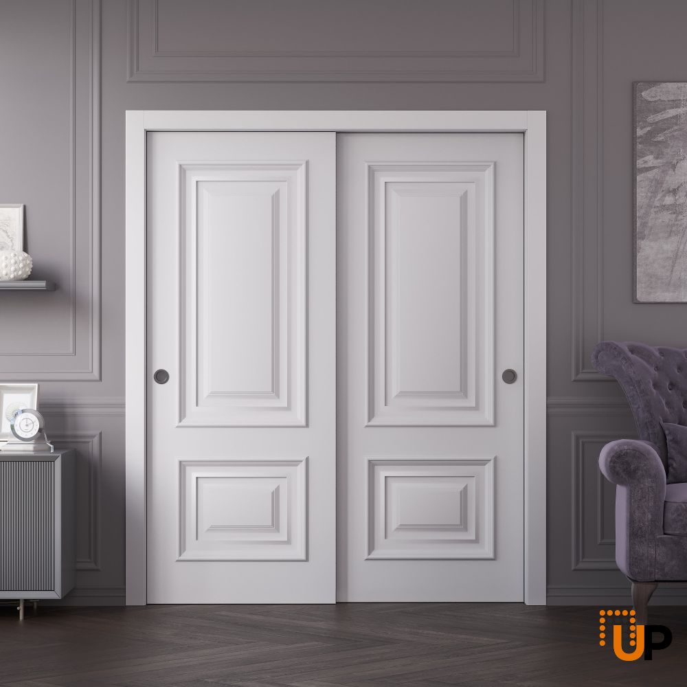 Sliding Closet Bypass Doors 36 x 80 inches | ROYAL 9822 White Enamel | Rails Hardware Set | Wood Solid Bedroom Wardrobe Doors photo#2