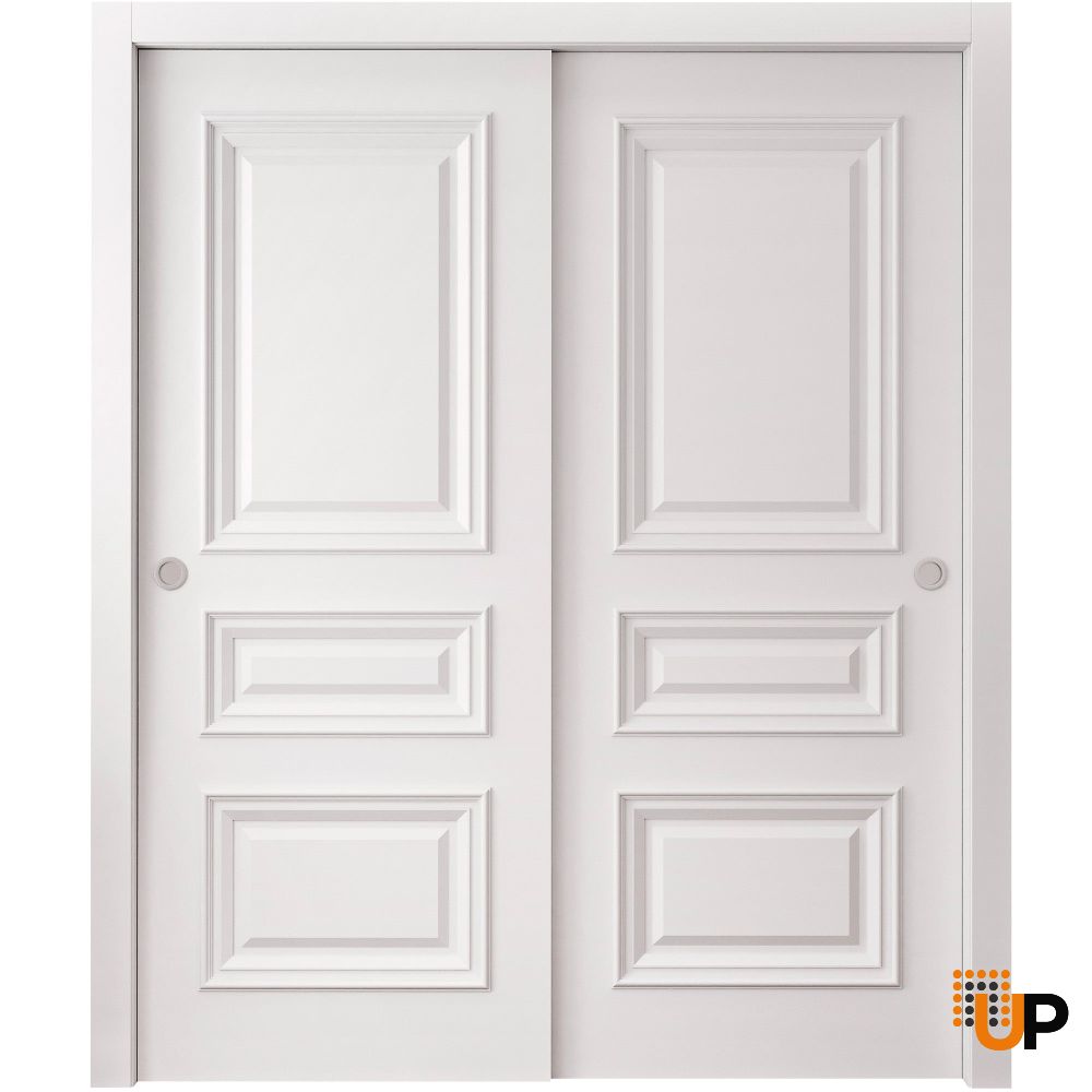 Sliding Closet Bypass Doors 36 x 80 inches | ROYAL 9833 White Enamel | Rails Hardware Set | Wood Solid Bedroom Wardrobe Doors photo#1