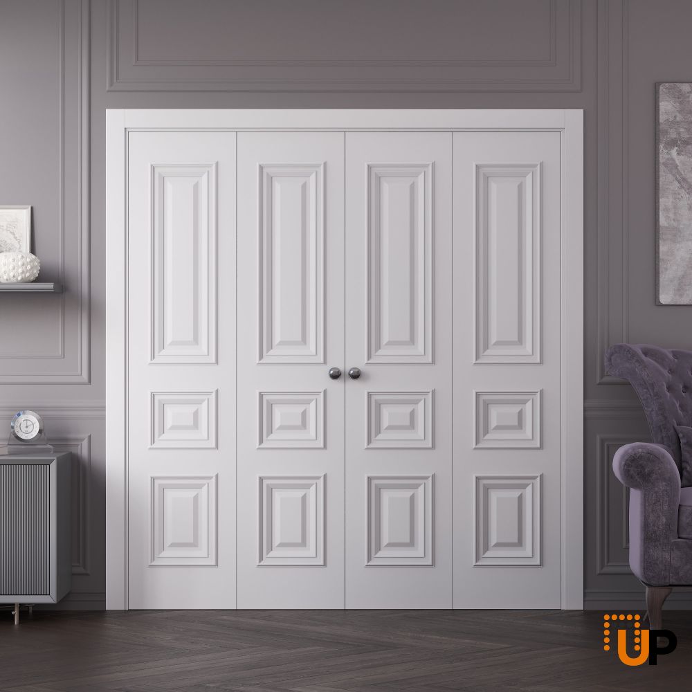 Sliding Closet Double Bi-fold Doors 72 x 80 inches | ROYAL 9833 White Enamel | Sturdy Tracks Moldings Trims Hardware Set | Wood Solid Bedroom Wardrobe Doors photo#2