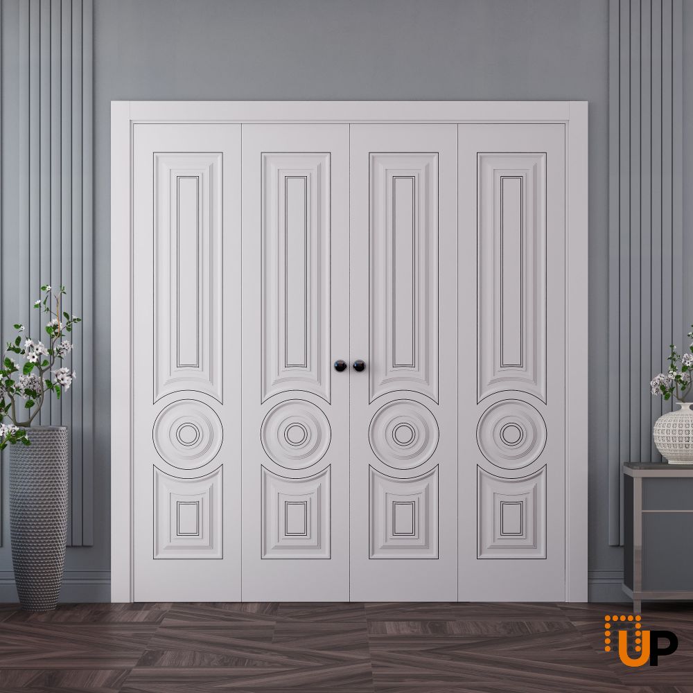 Sliding Closet Double Bi-fold Doors 72 x 80 inches | ROYAL 9855 White Enamel | Sturdy Tracks Moldings Trims Hardware Set | Wood Solid Bedroom Wardrobe Doors photo#2