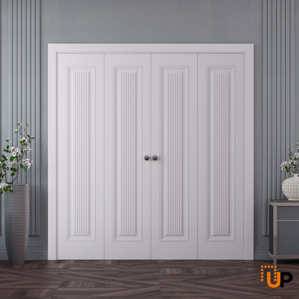 Sliding Closet Double Bi-fold Doors 72 x 80 inches | ROYAL 9888 White Enamel | Sturdy Tracks Moldings Trims Hardware Set | Wood Solid Bedroom Wardrobe Doors photo#2