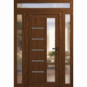 Front Exterior Prehung Vinyl (uPVC) Door Frosted glass / MANUX 8088 Walnut /  W12+36+12" x H80+14" Right-Hand Inswing