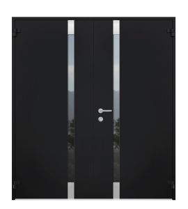 Front Exterior Prehung Steel Double Doors / Cynex 6777 Black / Stainless Inserts Single Modern Painted-W72" x H80"-Left-hand Outswing