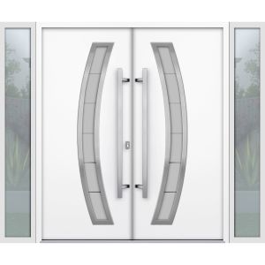Front Exterior Prehung Aluminum Double Doors / Deux 1713 Natural Oak Frosted Glass / 2 Sidelights / Entry Modern Painted 96x96 (W12+72+12" x H96") Right hand Outswing