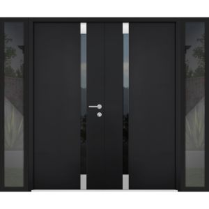 Front Exterior Prehung Steel Double Doors / Cynex 6777 Black / 2 Sidelight Exterior Windows / Stainless Inserts Single Modern Painted-W16+72+16" x H80"-Left-hand Outswing