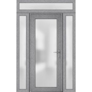 Front Exterior Prehung FiberGlass Door Frosted Glass / Manux 8102 Grey Ash / 2 Sidelight and Transom Window / Office Commercial and Residential Doors Entrance Patio Garage-W12+36+12" x H80+14"-Left-hand Inswing