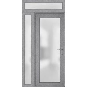 Front Exterior Prehung FiberGlass Door Frosted Glass / Manux 8102 Grey Ash / Sidelight and Transom Window / Office Commercial and Residential Doors Entrance Patio Garage-W36+12" x H80+14"-Left-hand Inswing