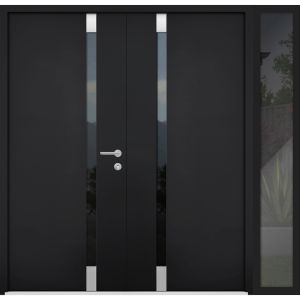 Front Exterior Prehung Steel Double Doors / Cynex 6777 Black / Sidelight Exterior Window / Stainless Inserts Single Modern Painted-W72+16" x H80"-Left-hand Outswing