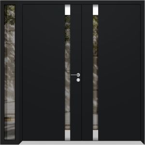 Front Exterior Prehung Aluminum Double Doors / Cynex 6777 Black / 1 Sidelight / Mirrored Clear Glass Modern Painted 84x96 (W72+12" x H96") Left hand Inswing