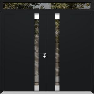 Front Exterior Prehung Aluminum Double Doors / Cynex 6777 Black / Top Transom / Mirrored Clear Glass Modern Painted (W72" x H96+14") Right hand Outswing