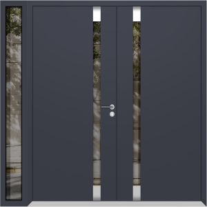 Front Exterior Prehung Aluminum Double Doors / Cynex 6777 Grey / 1 Sidelight / Mirrored Clear Glass Modern Painted 86x80 (W72+14" x H80") Right hand Inswing