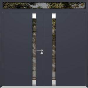 Front Exterior Prehung Aluminum Double Doors / Cynex 6777 Grey / Top Transom / Mirrored Clear Glass Modern Painted (W72" x H80+14") Right hand Inswing