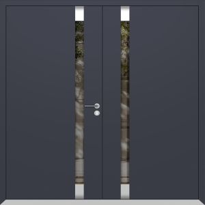 Front Exterior Prehung Aluminum Double Doors / Cynex 6777 Grey / Mirrored Clear Glass Modern Painted (W72" x H96") Right hand Outswing