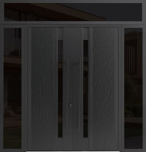 Front Exterior Prehung Aluminum Double Doors / Dekton 0163 Ardesia Nero / 2 Sidelights and Top Transom / Entry Metal Modern Painted (W104" x H96") Right hand Inswing