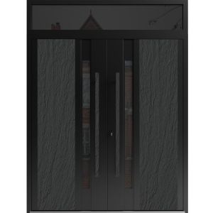 Front Exterior Prehung Aluminum Double Doors / Dekton 0163 Ardesia Nero / Top Transom / Entry Metal Modern Painted (W72" x H96") Right hand Outswing