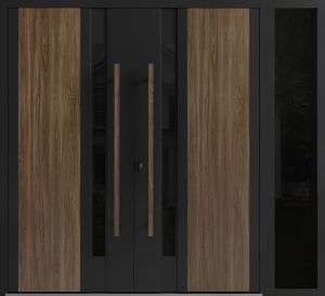 Front Exterior Prehung Aluminum Double Doors / Dekton 0163 Venezia Noce / 1 Sidelight / Entry Metal Modern Painted (W86" x H80") Right hand Outswing