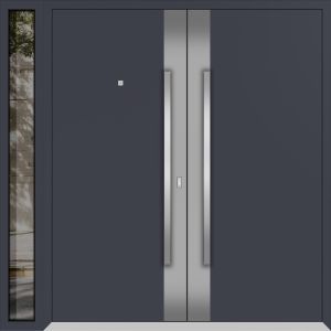 Front Exterior Prehung Metal Double Doors / Deux 0729 Gray Graphite Stainless Steel insert / 1 Sidelight / Entry Modern Painted 86x96 (W72+14" x H96") Right hand Outswing