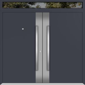 Front Exterior Prehung Metal Double Doors / Deux 0729 Gray Graphite Stainless Steel insert / Top Transom / Entry Modern Painted (W72" x H96+12") Right hand Outswing