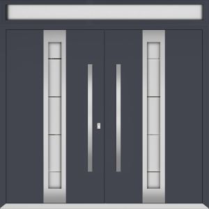 Front Exterior Prehung Metal Double Doors / Deux 0757 Gray Graphite Frosted Glass / Top Transom / Entry Modern Painted (W72" x H80+14") Left hand Inswing