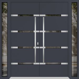 Front Exterior Prehung Aluminum Double Doors / Deux 1105 Gray Graphite Mirrored Glass / 2 Sidelights / Entry Modern Painted 96x96 (W12+72+12" x H96") Left hand Outswing