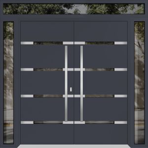 Front Exterior Prehung Metal Double Doors / Deux 1105 Gray Graphite Mirrored Glass / 2 Sidelights and Top Transom / Entry Modern Painted 100x112 (W14+72+14" x H96+16") Left hand Outswing