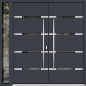 Front Exterior Prehung Metal Double Doors / Deux 1105 Gray Graphite / 1 Sidelight / Mirrored Glass / 1 Sidelight / Entry Modern Painted 84x96 (W72+12" x H96") Left hand Outswing
