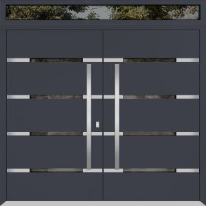 Front Exterior Prehung Metal Double Doors / Deux 1105 Gray Graphite Mirrored Glass / Top Transom / Entry Modern Painted (W72" x H96+12") Right hand Outswing