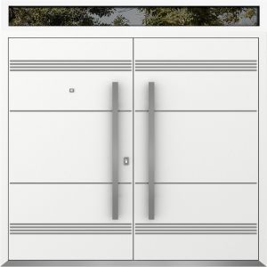 Front Exterior Prehung Metal Double Doors / Deux 1705 White Enamel / Top Transom / Entry Modern Painted (W72" x H96+12") Right hand Inswing