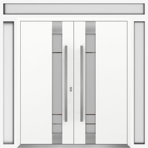 Front Exterior Prehung Metal Double Doors / Deux 1713 White Enamel Frosted Glass / 2 Sidelights and Top Transom / Entry Modern Painted 100x112 (W14+72+14" x H96+16") Left hand Outswing