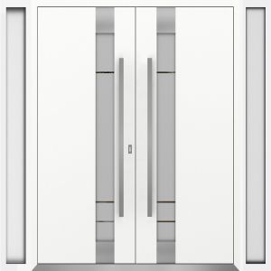 Front Exterior Prehung Aluminum Double Doors / Deux 1713 White Enamel Frosted Glass / 2 Sidelights / Entry Modern Painted 104x96 (W16+72+16" x H96") Left hand Outswing