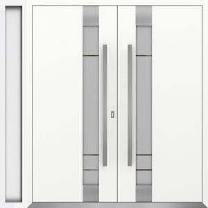 Front Exterior Prehung Metal Double Doors / Deux 1713 White Enamel Frosted Glass / 1 Sidelight / Entry Modern Painted 86x96 (W72+14" x H96") Left hand Outswing
