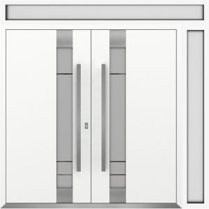 Front Exterior Prehung Metal Double Doors / Deux 1713 White Enamel Frosted Glass / 1 Sidelight and Top Transom / Entry Modern Painted 88x108 (W72+16" x H96+12") Left hand Outswing