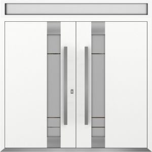 Front Exterior Prehung Metal Double Doors / Deux 1713 White Enamel Frosted Glass / Top Transom / Entry Modern Painted (W72" x H96+12") Left hand Outswing