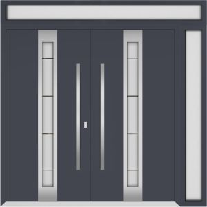 Front Exterior Prehung Metal Double Doors / Deux 1717 Gray Graphite Frosted Glass / 1 Sidelight and Top Transom / Entry Modern Painted 84x96 (W72+12" x H96+16") Right hand Outswing