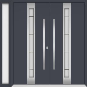 Front Exterior Prehung Metal Double Doors / Deux 1717 Gray Graphite Frosted Glass / 1 Sidelight / Entry Modern Painted 86x96 (W72+14" x H96") Right hand Outswing
