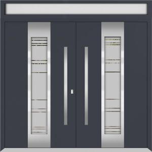 Front Exterior Prehung Metal Double Doors / Deux 1717 Gray Graphite Frosted Glass / Top Transom / Entry Modern Painted (W72" x H96+14") Right hand Outswing
