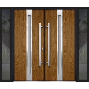 Front Exterior Prehung Aluminum Double Doors / Deux 1744 Natural Oak Frosted Glass / 2 Sidelights / Entry Modern Painted 104x96 (W16+72+16" x H96") Right hand Outswing