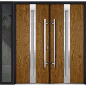 Front Exterior Prehung Metal Double Doors / Deux 1744 Natural Oak Frosted Glass / 1 Sidelight / Entry Modern Painted 84x96 (W72+12" x H96") Left hand Outswing