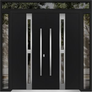 Front Exterior Prehung Metal Double Doors / Deux 1755 Black Enamel Opaque Black Glass / 2 Sidelights and Top Transom / Entry Modern Painted 96x112 (W12+72+12" x H96+16") Left hand Outswing