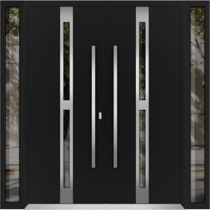 Front Exterior Prehung Aluminum Double Doors / Deux 1755 Black Enamel Opaque Black Glass / 2 Sidelights / Entry Modern Painted 100x96 (W14+72+14" x H96") Right hand Outswing