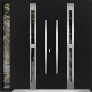 Front Exterior Prehung Metal Double Doors / Deux 1755 Black Enamel Opaque Black Glass / 1 Sidelight / Entry Modern Painted 88x96 (W72+16" x H96") Left hand Outswing