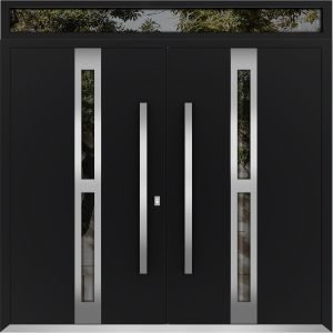 Front Exterior Prehung Metal Double Doors / Deux 1755 Black Enamel Opaque Black Glass / Top Transom / Entry Modern Painted (W72" x H96+14") Right hand Outswing
