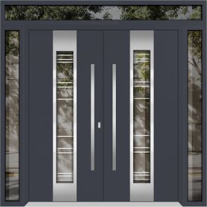 Front Exterior Prehung Metal Double Doors / Deux 5755 Gray Graphite Clear Glass / 2 Sidelights and Top Transom / Entry Modern Painted 100x112 (W14+72+14" x H96+16") Right hand Outswing