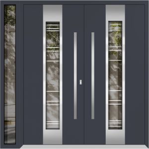 Front Exterior Prehung Metal Double Doors / Deux 5755 Gray Graphite Clear Glass / 1 Sidelight / Entry Modern Painted 84x96 (W72+12" x H96") Right hand Outswing